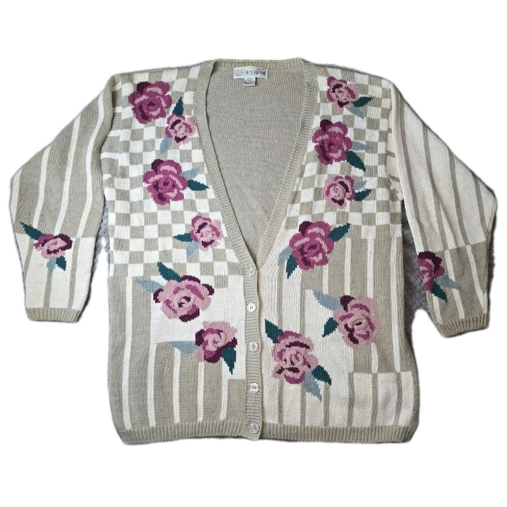 Grandma Chic 👵 Vtg 90s Rose Themed Sweater Cardigan Checker Stripe 14/16